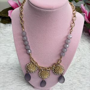 Plunder Gold Tone Purple Beaded Tan Floral Crystal Statement Necklace Women’s